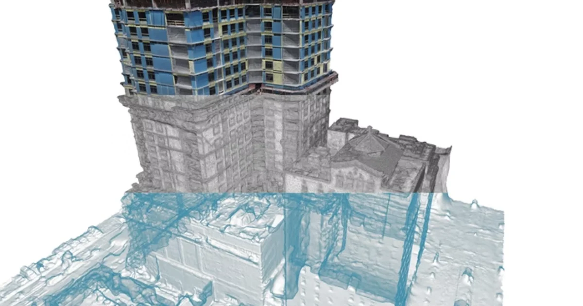 BIM drone integration showing 3D building model with construction progress monitoring and material tracking